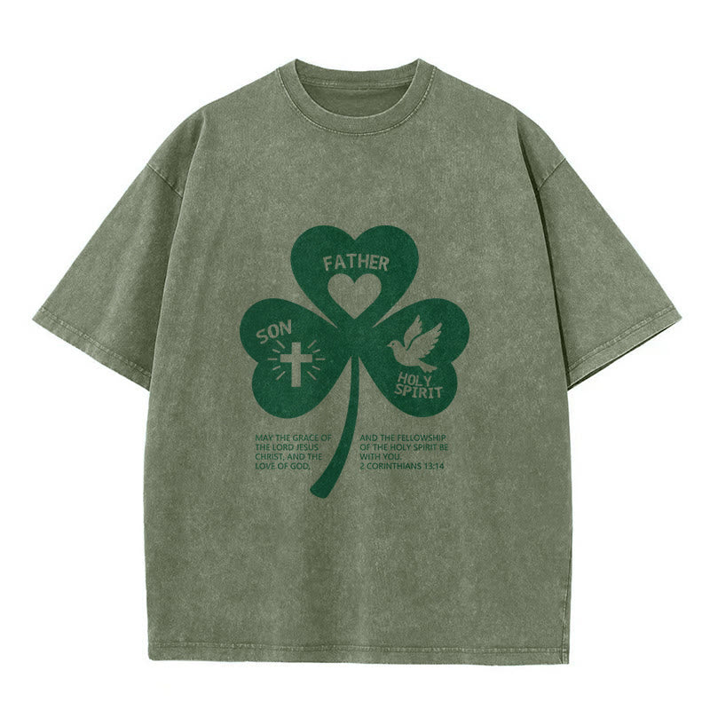 Christianartworkshop Trinity Shamrock 2 Corinthians 13:14 Unisex Washed T-Shirt - Army Green - 5XL - image 10