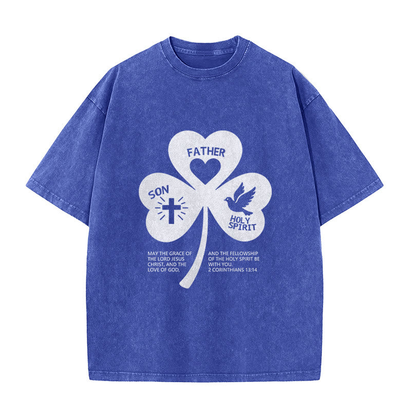 Christianartworkshop Trinity Shamrock 2 Corinthians 13:14 Unisex Washed T-Shirt - Blue - 5XL - image 4