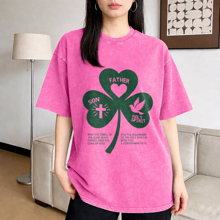 Christianartworkshop Trinity Shamrock 2 Corinthians 13:14 Unisex Washed T-Shirt - image 2