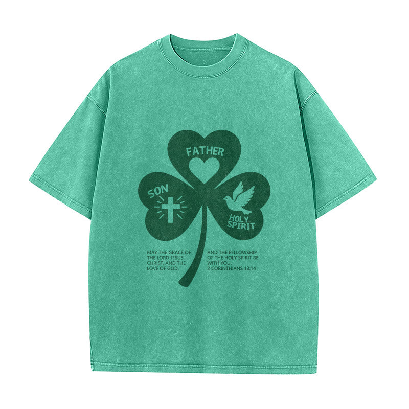 Christianartworkshop Trinity Shamrock 2 Corinthians 13:14 Unisex Washed T-Shirt - Green - 5XL - image 7