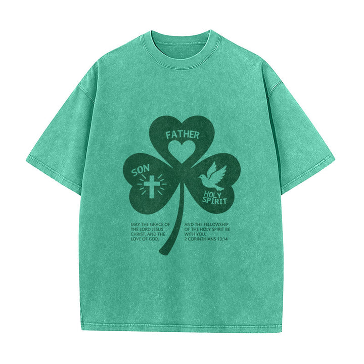 Christianartworkshop Trinity Shamrock 2 Corinthians 13:14 Unisex Washed T-Shirt - Green - 5XL - image 7