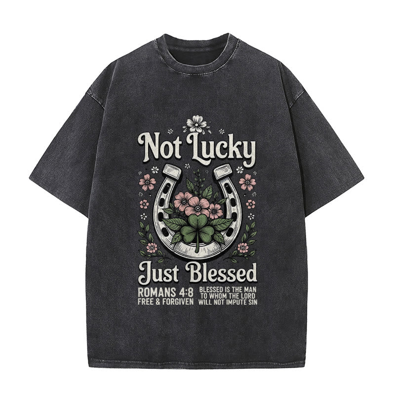 Christianartworkshop Not Lucky Just Blessed" Romans 4:8 Unisex Washed T-Shirt - Black - 5XL - image 8