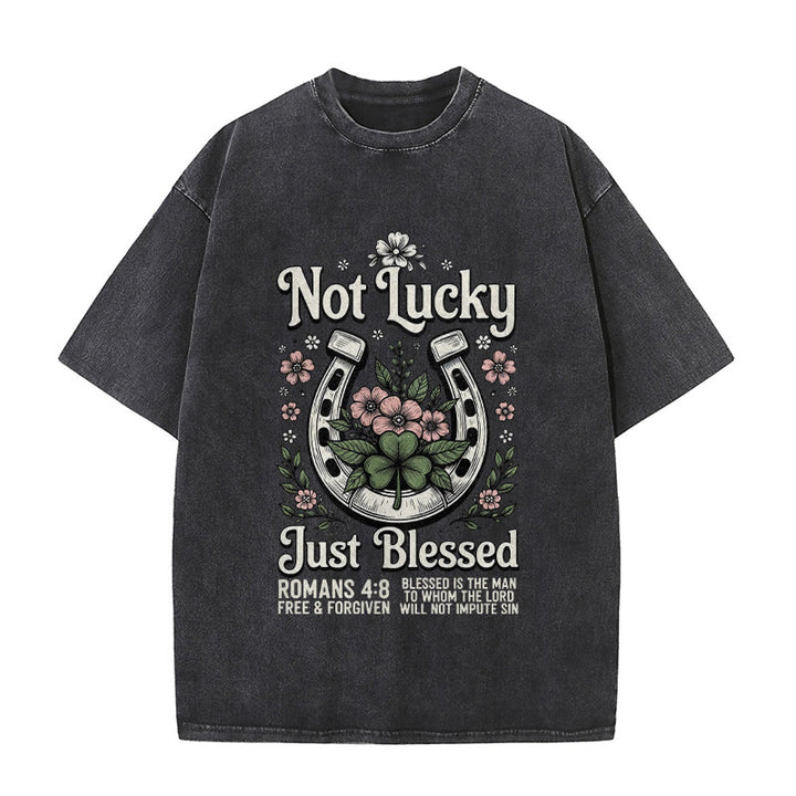 Christianartworkshop Not Lucky Just Blessed" Romans 4:8 Unisex Washed T-Shirt - Black - 5XL - image 8