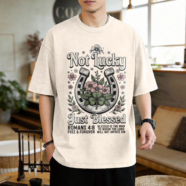 Christianartworkshop Not Lucky Just Blessed" Romans 4:8 Unisex Washed T-Shirt - image 1