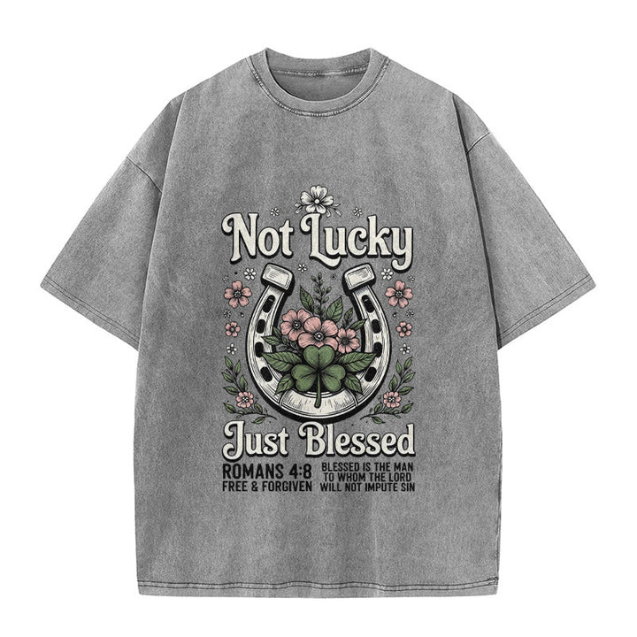 Christianartworkshop Not Lucky Just Blessed" Romans 4:8 Unisex Washed T-Shirt - Grey - 5XL - image 6