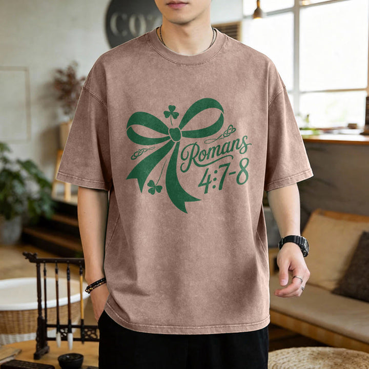 Christianartworkshop Not Lucky Simply Blessed Romans 4:7-8 Unisex Washed T-Shirt - image 4