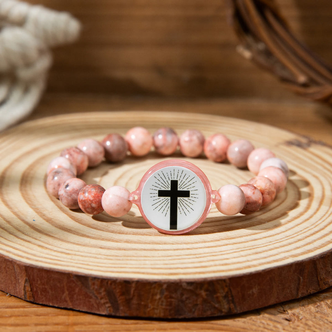 Christianartworkshop NFC-Enabled Natural Stone Bible Verse Bracelet: Tap to Receive Daily Jesus’ Word - Pink & Cross A - image 2