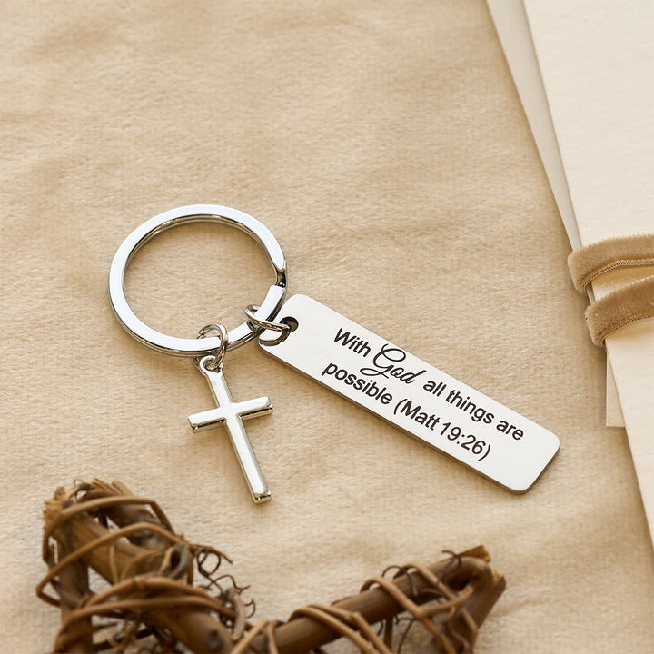Christianartworkshop Engraved Bible Verse Keychain with Cross Charm: Carry Jesus’ Promises Wherever You Go - Matt 19:26 - image 0