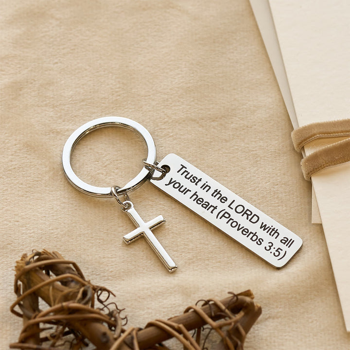 Christianartworkshop Engraved Bible Verse Keychain with Cross Charm: Carry Jesus’ Promises Wherever You Go - Proverbs 3:5 - image 2
