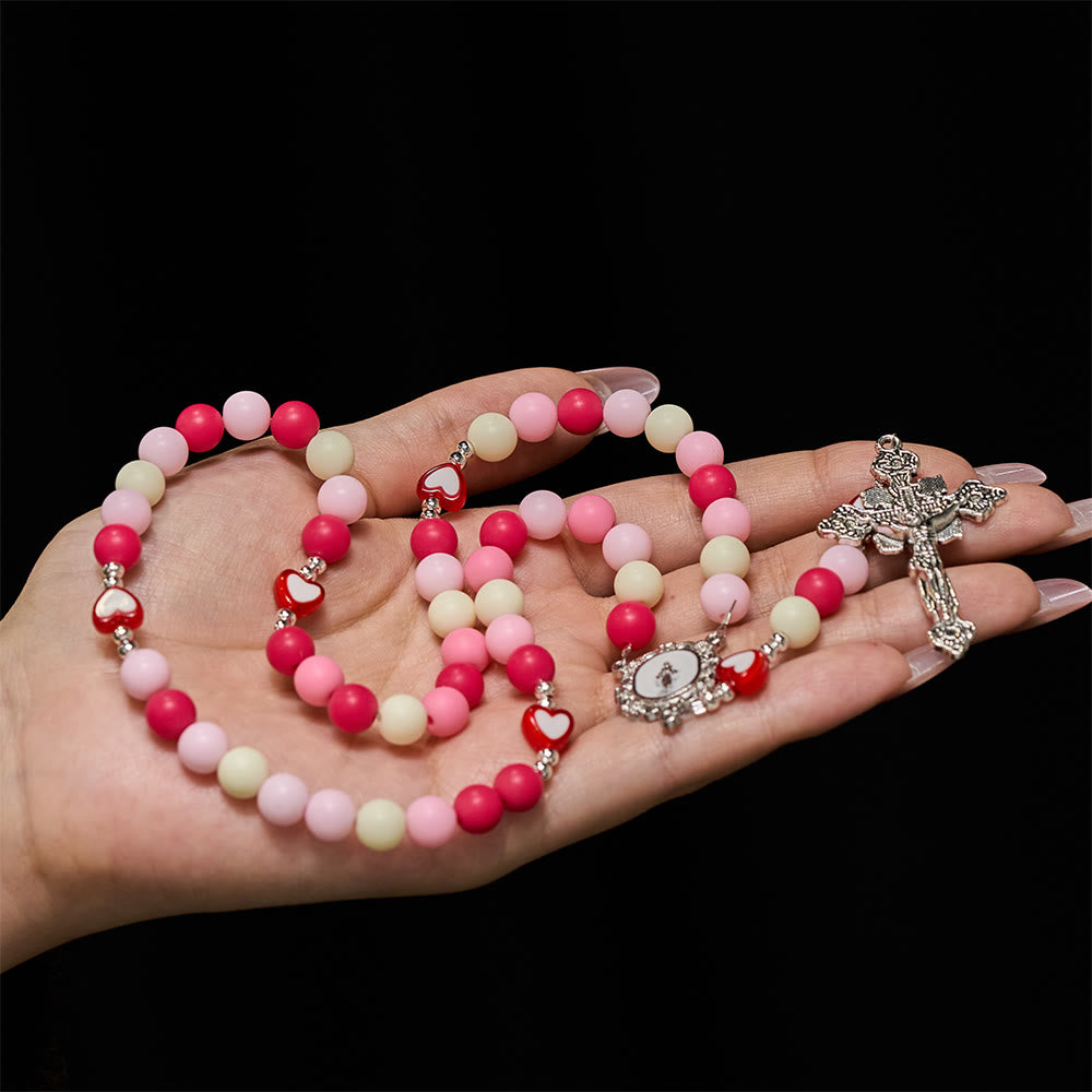 Christianartworkshop Our Lady Crucifix Pink Rosary with Heart Accents: Embody Sacred Love and Gentle Devotion - image 1