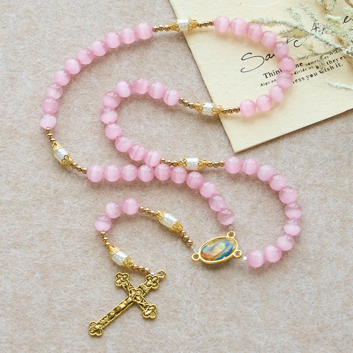 Christianartworkshop Pink Cat’s Eye & Acrylic Bead Our Lady Rosary: Embody Sacred Love and Gentle Devotion - image 2