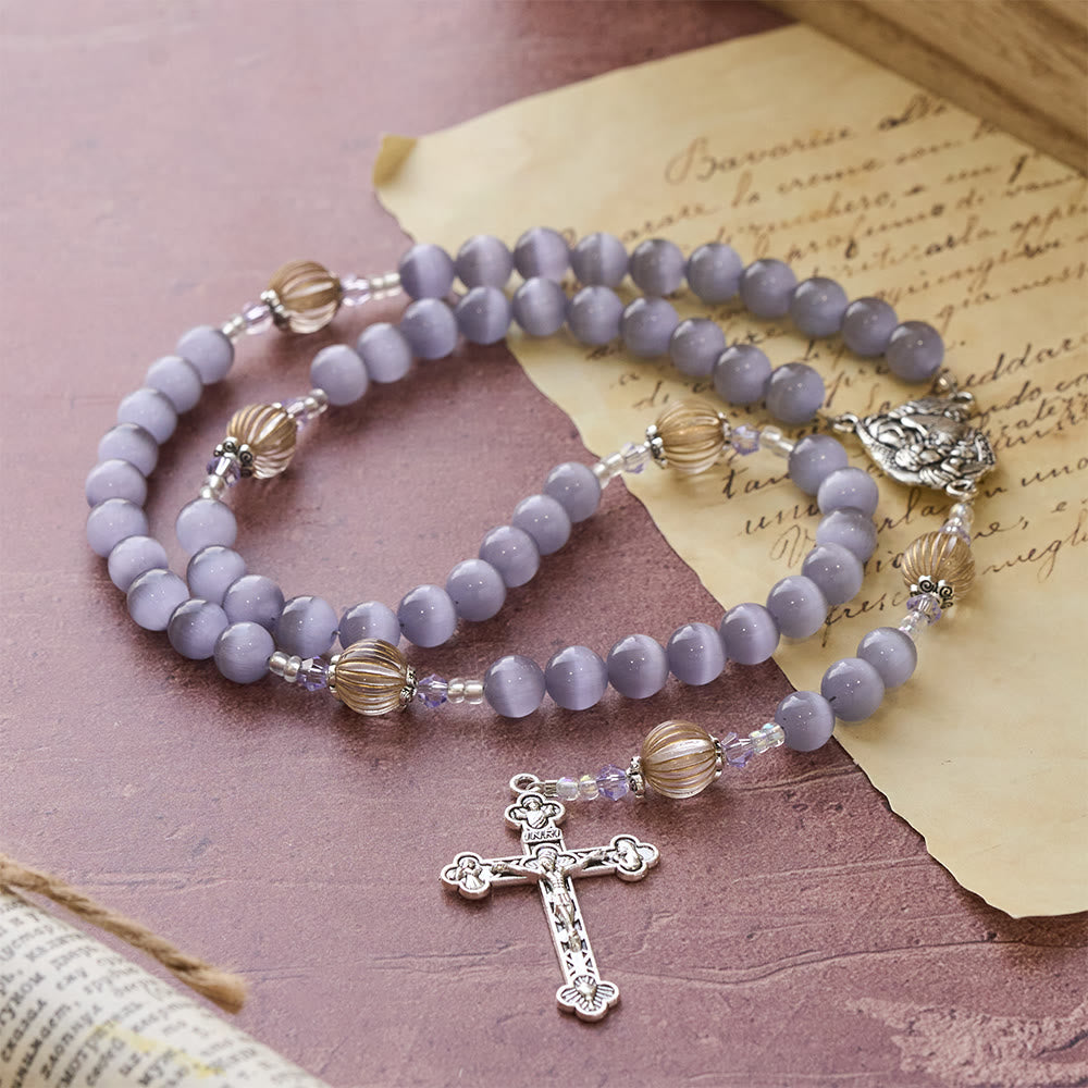 Christianartworkshop Purple Cat’s Eye & Champagne Lantern Bead Holy Family Rosary: Embody Serene Devotion - image 4