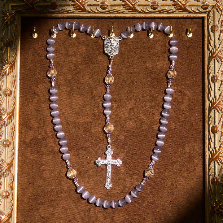 Christianartworkshop Purple Cat’s Eye & Champagne Lantern Bead Holy Family Rosary: Embody Serene Devotion - Holy Family & Crucifix - image 0