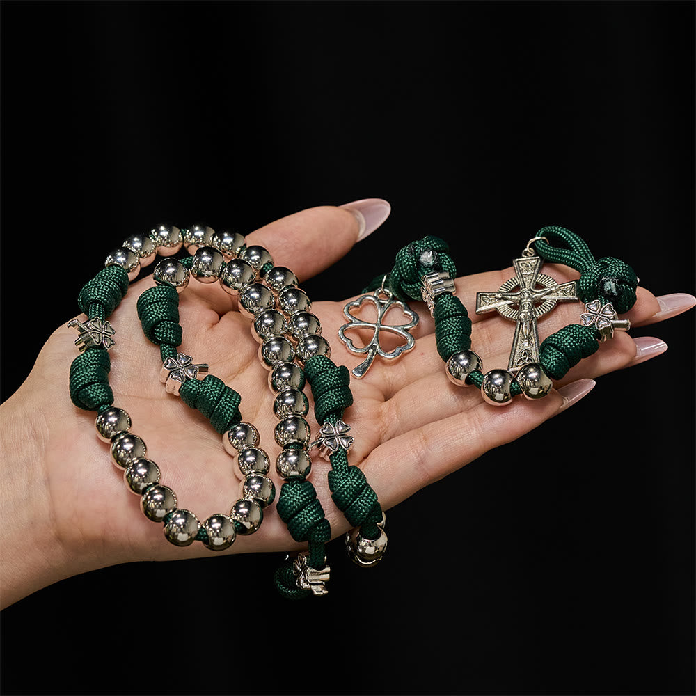 Christianartworkshop Paracord & Metal Bead Four-Leaf Clover Crucifix Rosary: Embody Sacred Strength and Devotion - image 1