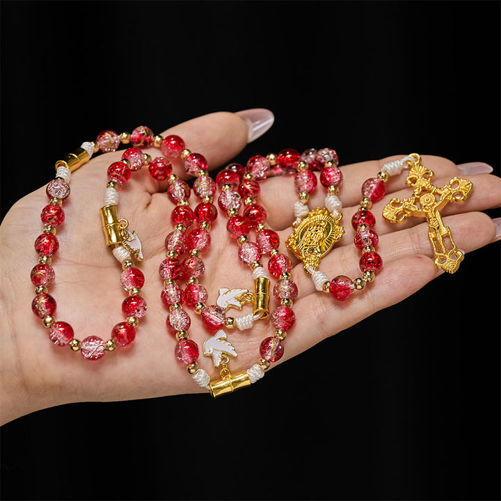 Christianartworkshop Red Glass Bead Holy Spirit Dove Our Lady Rosary: Embody Sacred Love and Vibrant Devotion - image 1