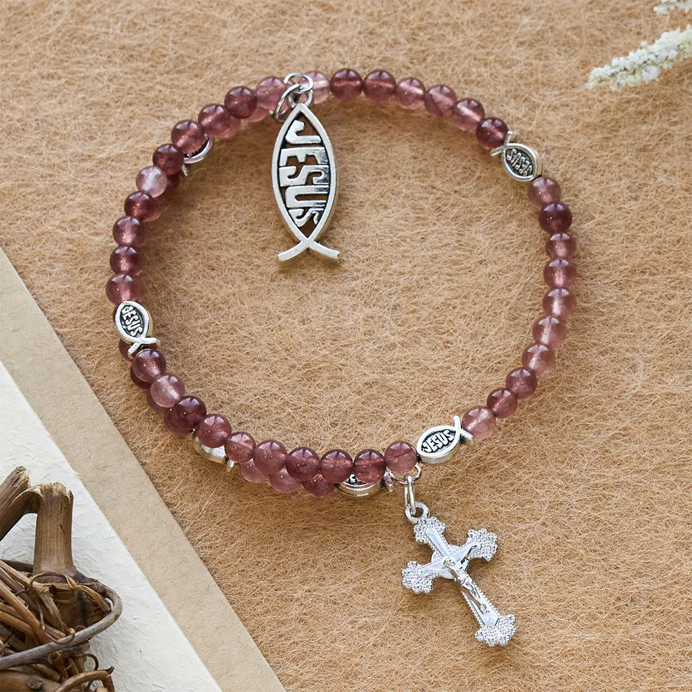 Christianartworkshop Strawberry Quartz Bracelet with Crucifix & Ichthys Charm - Strawberry Quartz - image 0