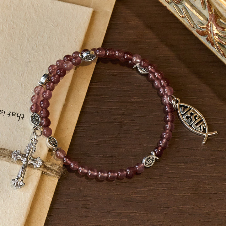 Christianartworkshop Strawberry Quartz Bracelet with Crucifix & Ichthys Charm - image 2