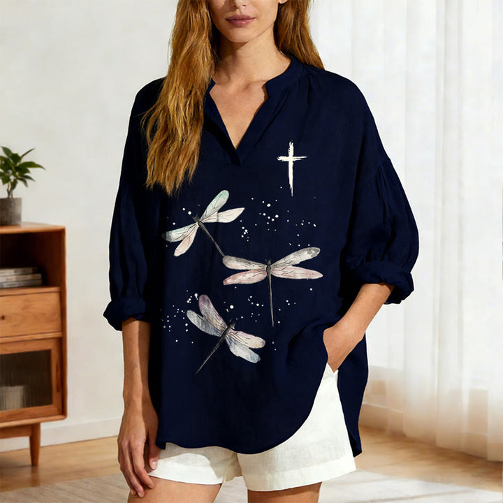 Christianartworkshop Dragonfly Print & Cross Emblem Women’s Blouse: Embody Faith and Effortless Grace - image 4
