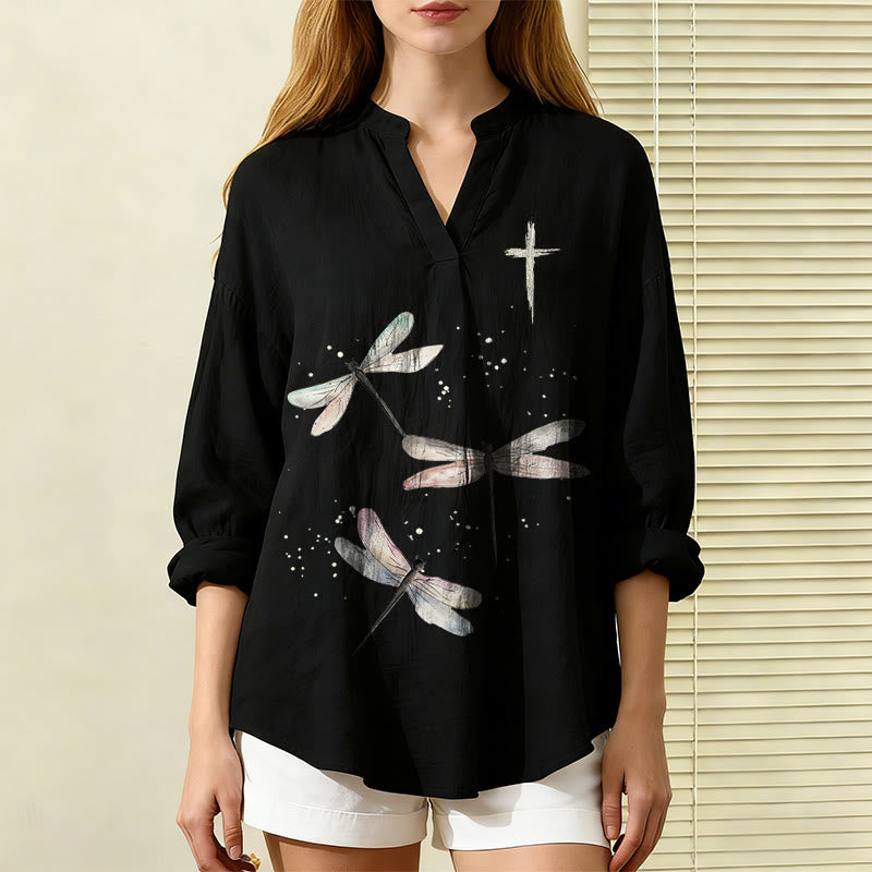 Christianartworkshop Dragonfly Print & Cross Emblem Women’s Blouse: Embody Faith and Effortless Grace - image 11