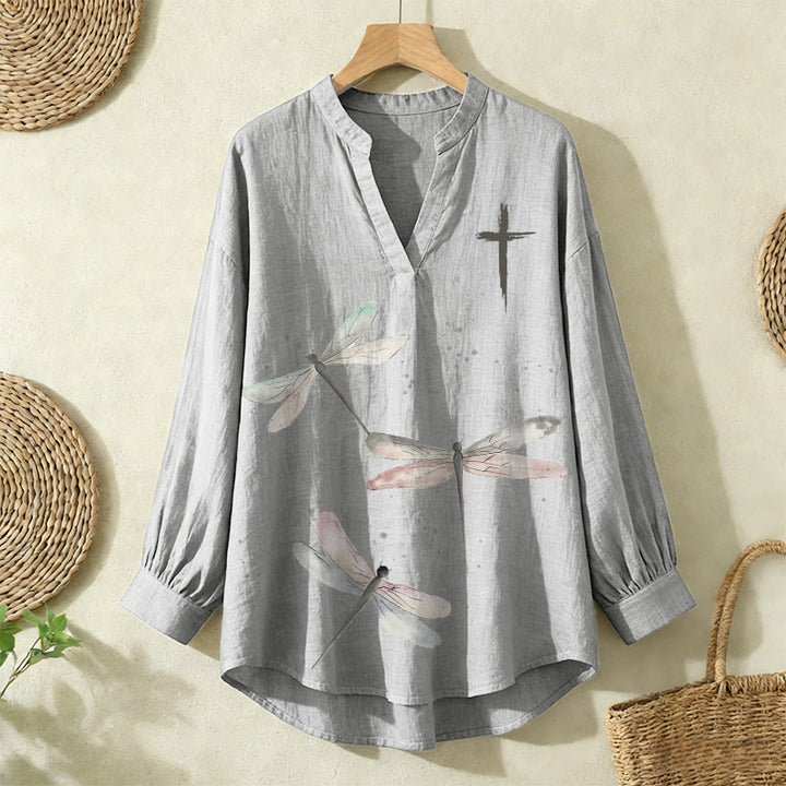 Christianartworkshop Dragonfly Print & Cross Emblem Women’s Blouse: Embody Faith and Effortless Grace - Grey - 2XL - image 12
