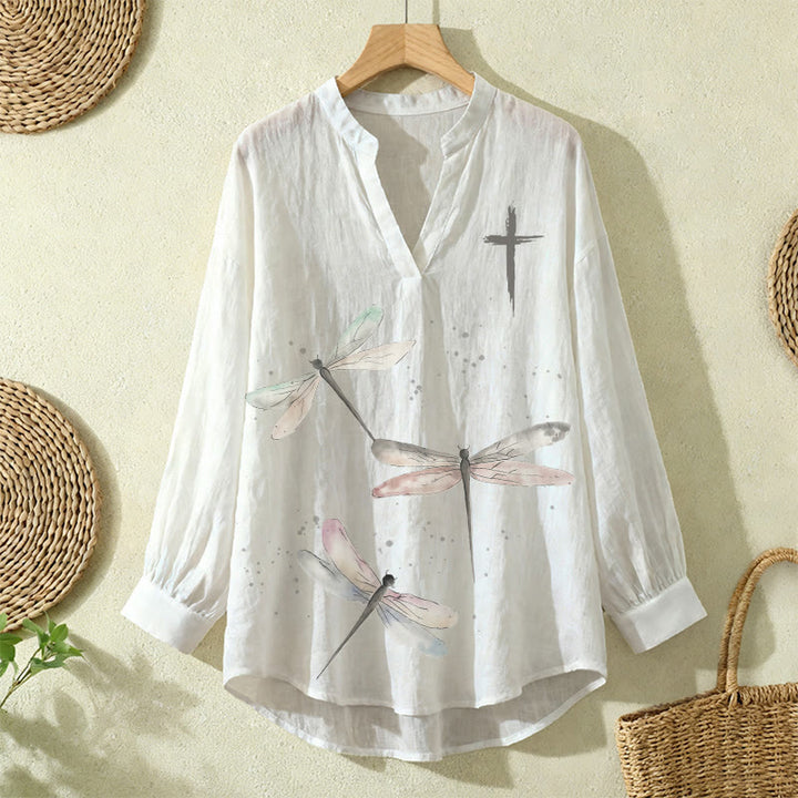Christianartworkshop Dragonfly Print & Cross Emblem Women’s Blouse: Embody Faith and Effortless Grace - White - 2XL - image 6