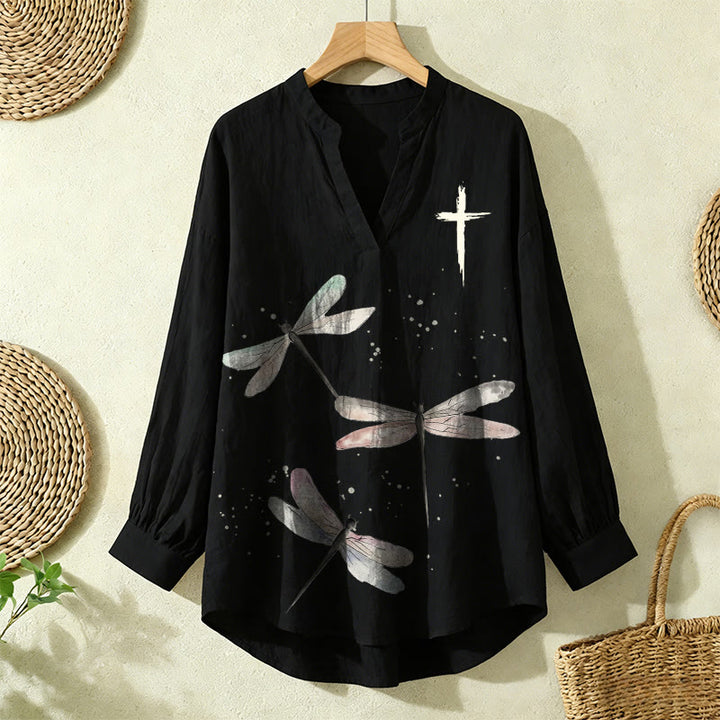 Christianartworkshop Dragonfly Print & Cross Emblem Women’s Blouse: Embody Faith and Effortless Grace - Black - 2XL - image 9