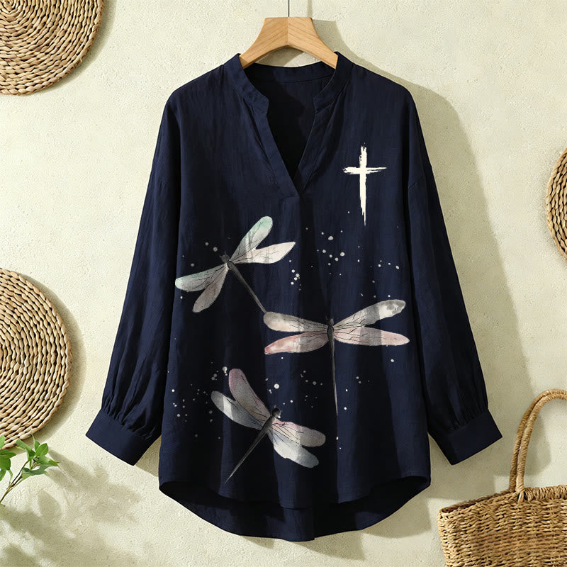 Christianartworkshop Dragonfly Print & Cross Emblem Women’s Blouse: Embody Faith and Effortless Grace - image 2