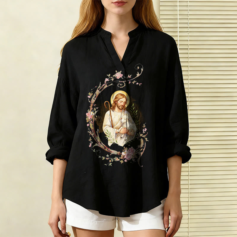Christianartworkshop Good Shepherd Floral Wreath Women’s Blouse: Embody Faith and Gentle Devotion - Black - 2XL - image 0