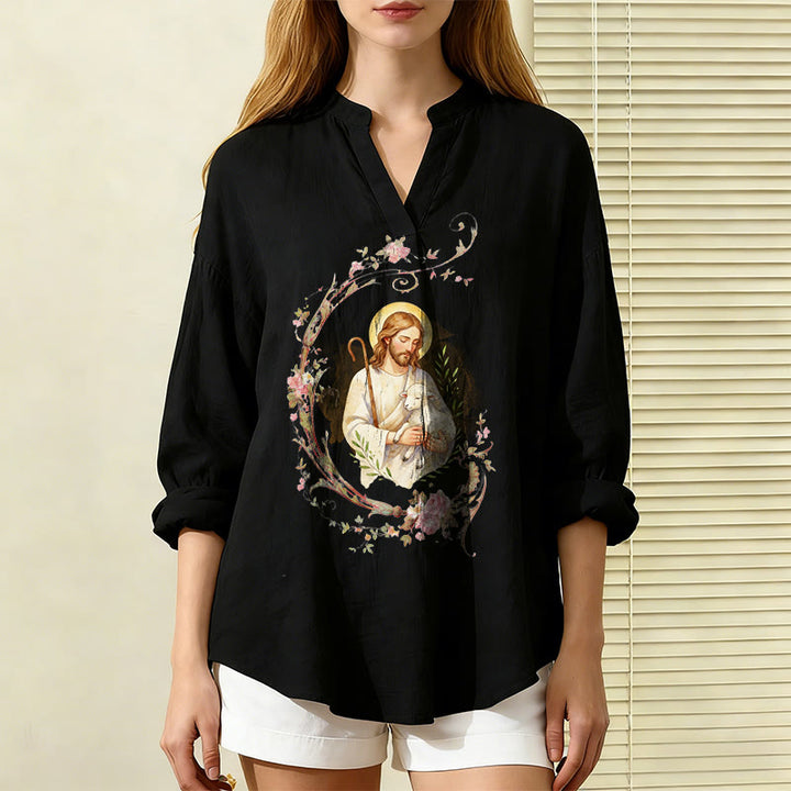 Christianartworkshop Good Shepherd Floral Wreath Women’s Blouse: Embody Faith and Gentle Devotion - Black - 2XL - image 0