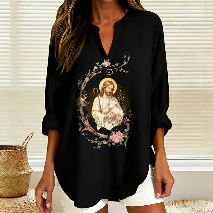 Christianartworkshop Good Shepherd Floral Wreath Women’s Blouse: Embody Faith and Gentle Devotion - image 4