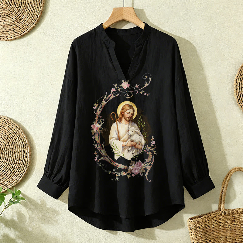 Christianartworkshop Good Shepherd Floral Wreath Women’s Blouse: Embody Faith and Gentle Devotion - image 2