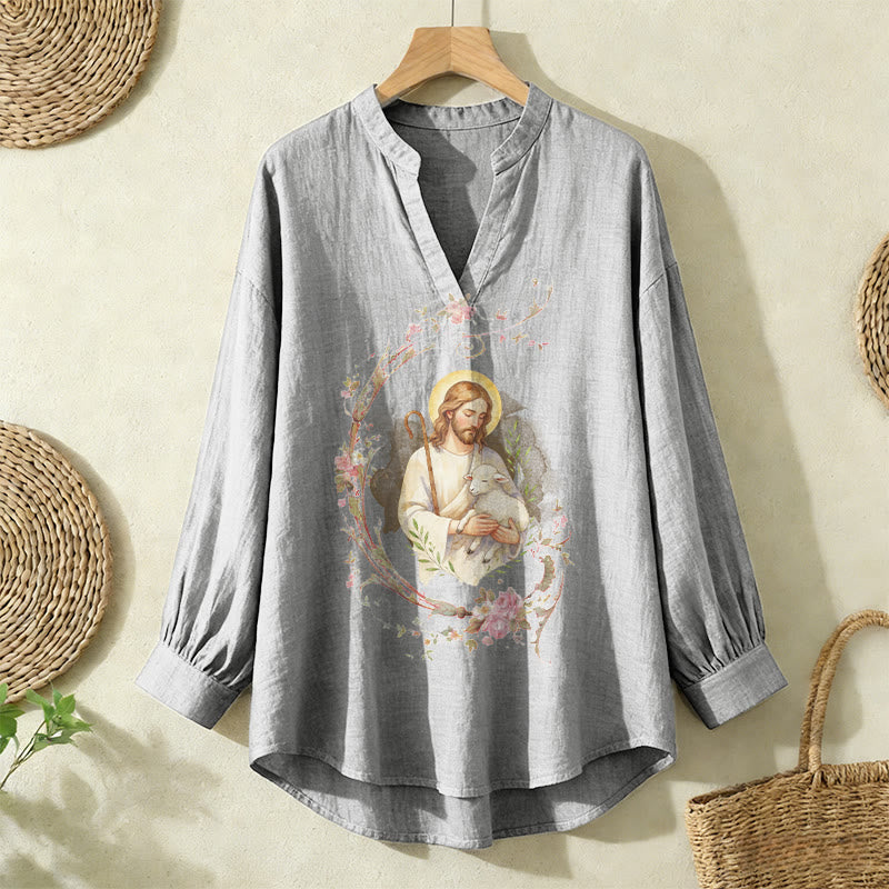 Christianartworkshop Good Shepherd Floral Wreath Women’s Blouse: Embody Faith and Gentle Devotion - Grey - 2XL - image 6