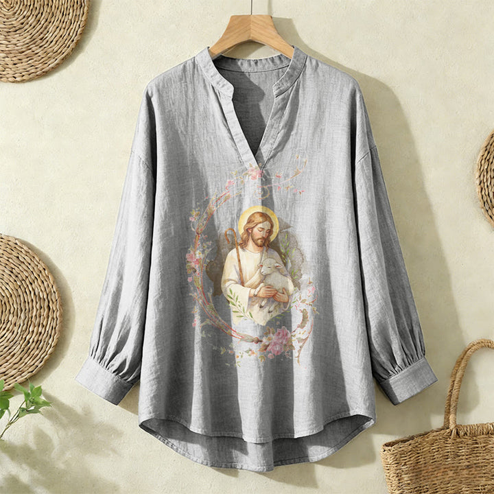 Christianartworkshop Good Shepherd Floral Wreath Women’s Blouse: Embody Faith and Gentle Devotion - Grey - 2XL - image 6