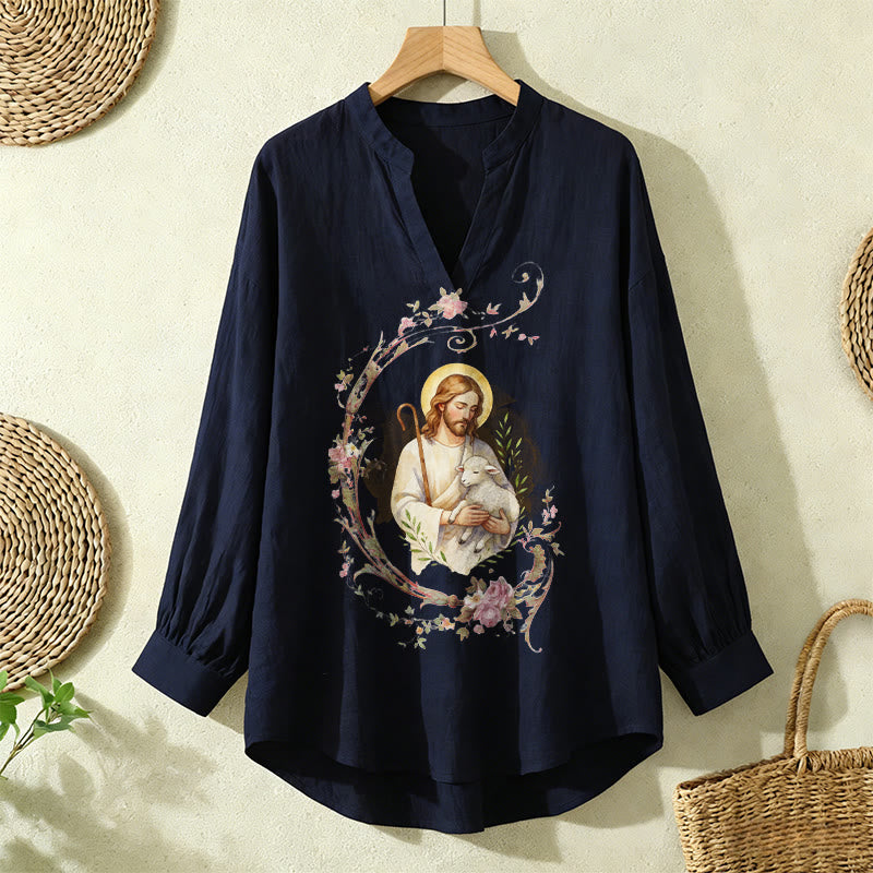 Christianartworkshop Good Shepherd Floral Wreath Women’s Blouse: Embody Faith and Gentle Devotion - Navy Blue - 2XL - image 9
