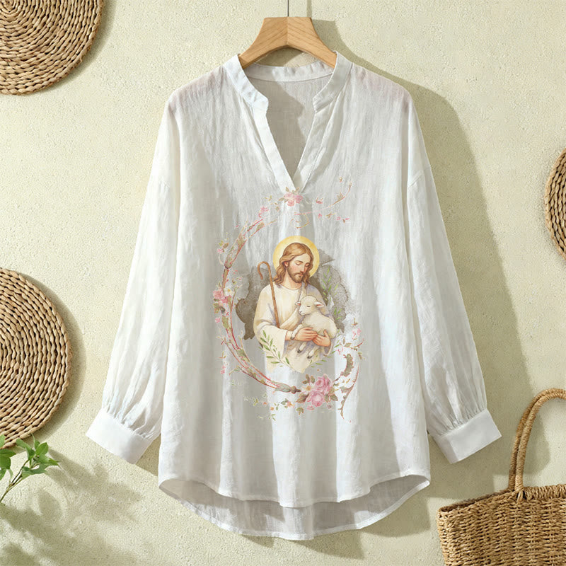 Christianartworkshop Good Shepherd Floral Wreath Women’s Blouse: Embody Faith and Gentle Devotion - White - 2XL - image 12