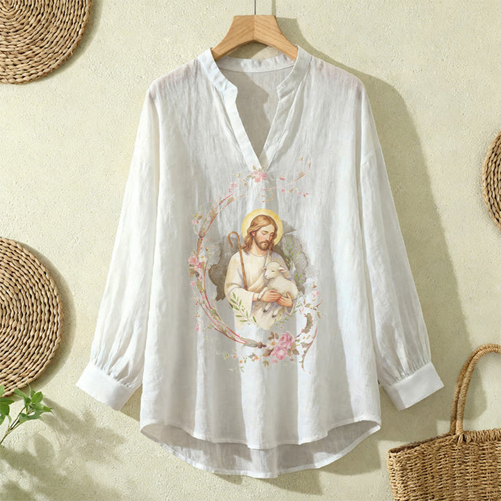 Christianartworkshop Good Shepherd Floral Wreath Women’s Blouse: Embody Faith and Gentle Devotion - White - 2XL - image 12