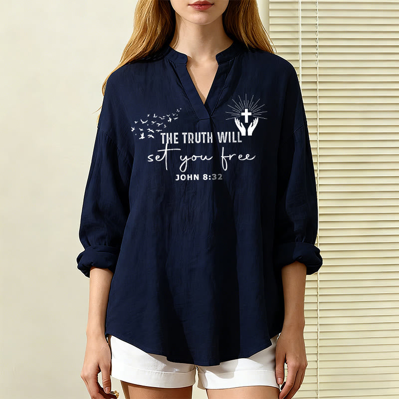 Christianartworkshop The Truth Will Set You Free John 8:32 Women’s Blouse: Embody Faith and Freedom - Navy Blue - 2XL - image 0