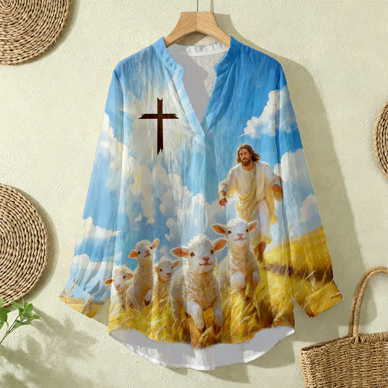 Christianartworkshop Good Shepherd Flock & Cross Women’s Blouse: Embody Faith and Gentle Devotion - image 2