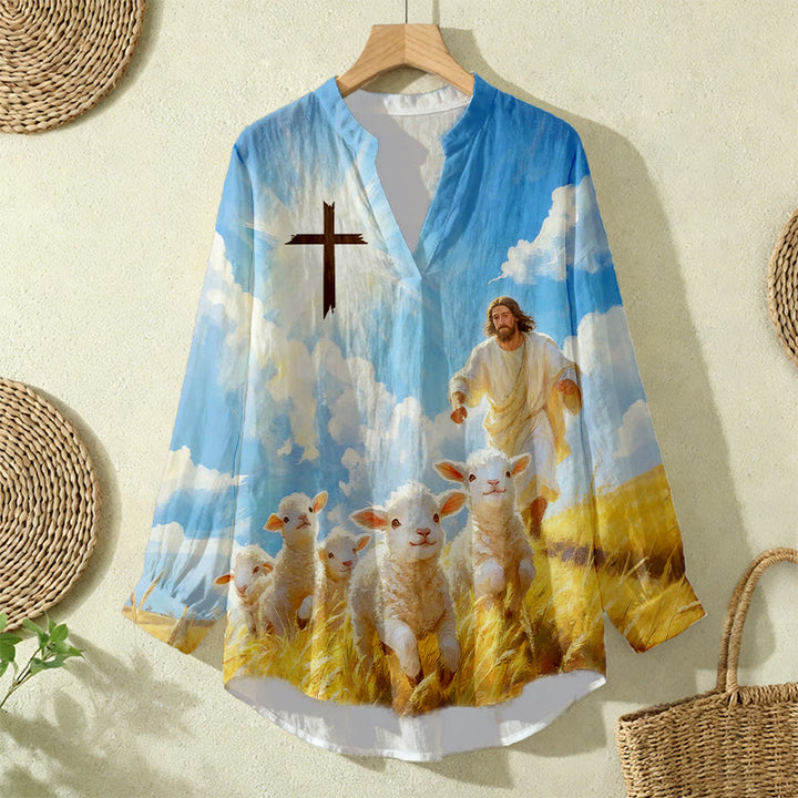 Christianartworkshop Good Shepherd Flock & Cross Women’s Blouse: Embody Faith and Gentle Devotion - image 2