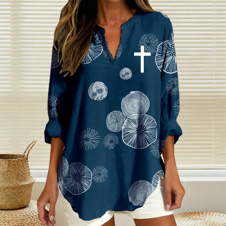 Christianartworkshop Navy Abstract Floral & White Cross Women’s Blouse: Embody Faith and Effortless Grace - image 4