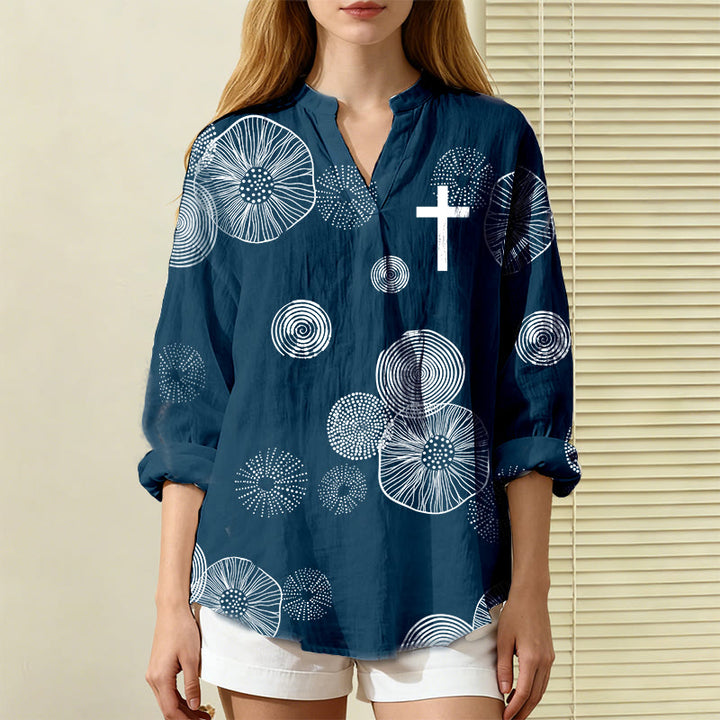 Christianartworkshop Navy Abstract Floral & White Cross Women’s Blouse: Embody Faith and Effortless Grace - 2XL - image 0