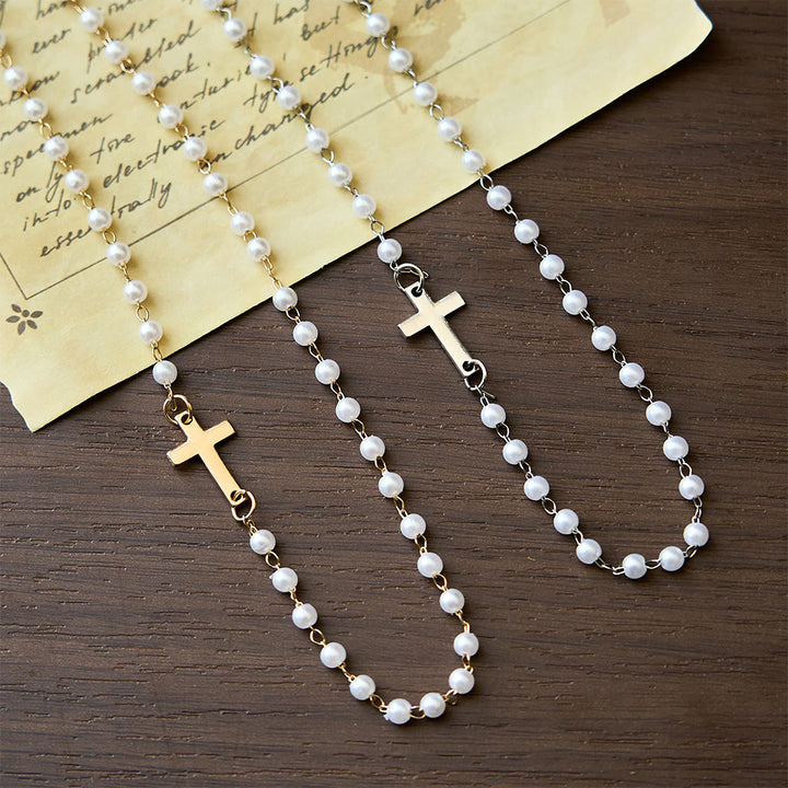 Christianartworkshop White Beads with Cross Necklace: Elegant Devotion & Faithful Grace - image 0