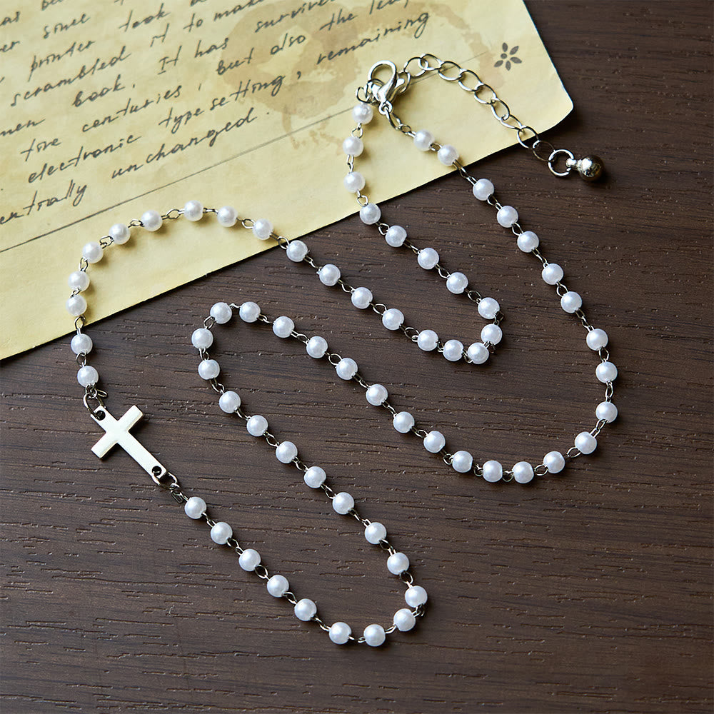 Christianartworkshop White Beads with Cross Necklace: Elegant Devotion & Faithful Grace - Silver - image 1