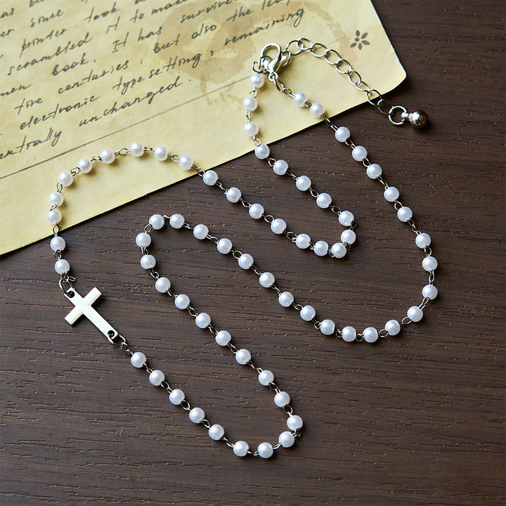 Christianartworkshop White Beads with Cross Necklace: Elegant Devotion & Faithful Grace - Silver - image 1