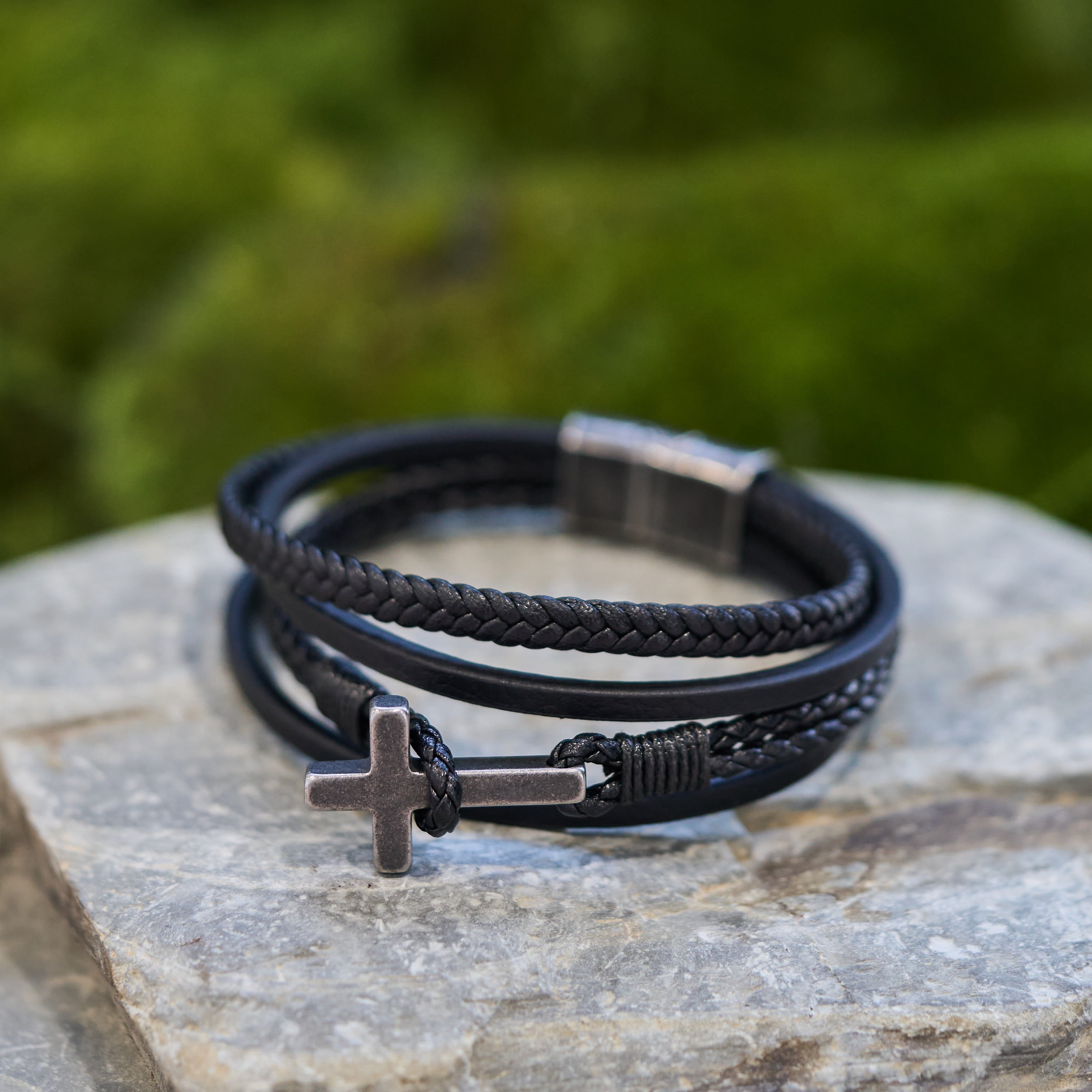 Tri-Color Stainless Steel Cross & Braided Leather Bracelet - Faith