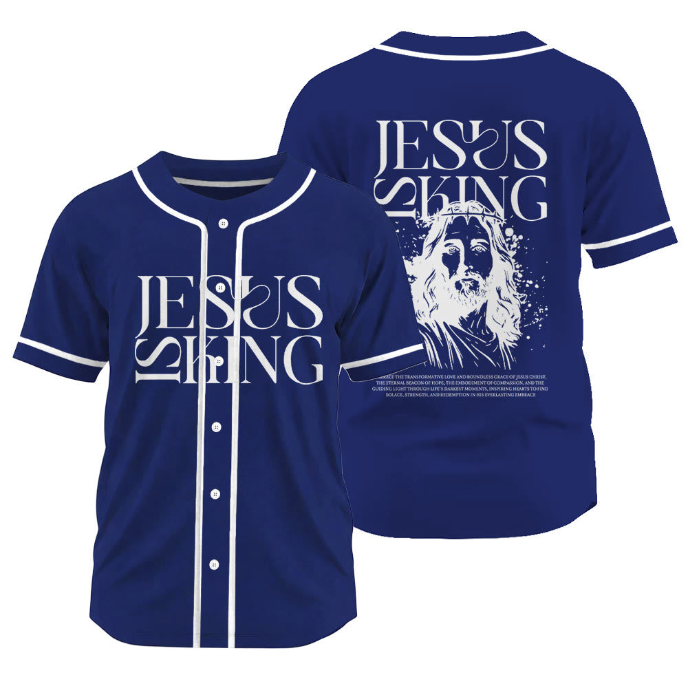 Christianartworkshop Sketch-Style Graphic Jesus Is King Statement Unisex Baseball Jersey - Navy Blue - 3XL - image 14
