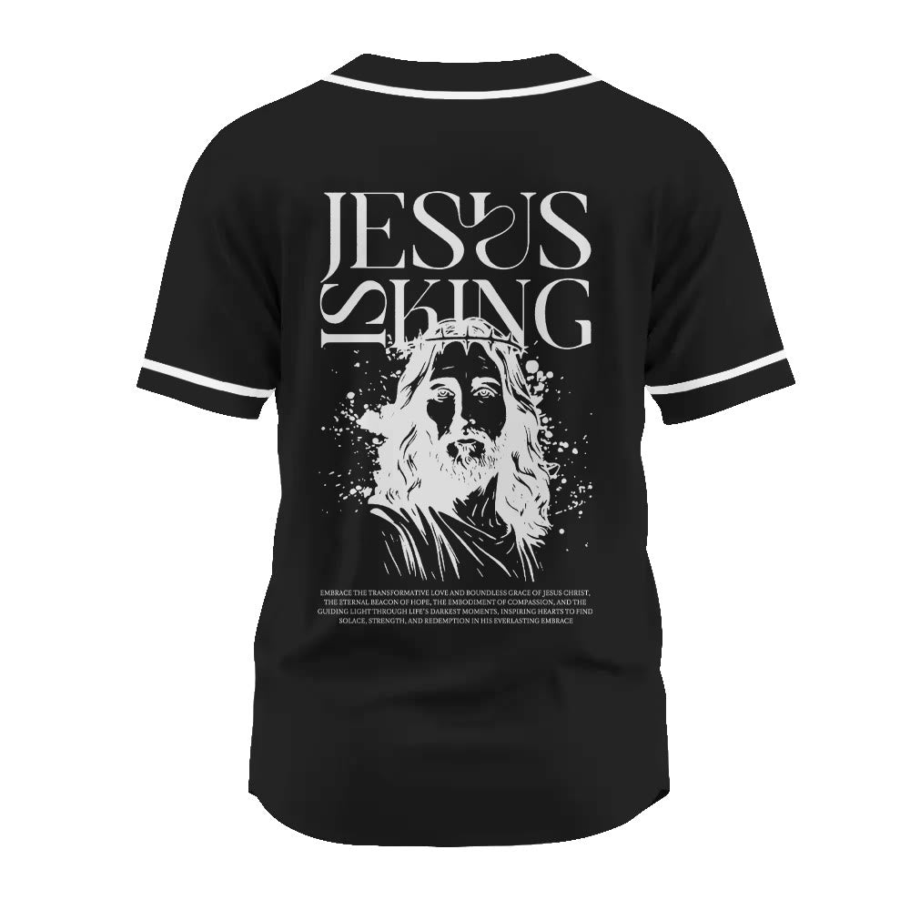 Christianartworkshop Sketch-Style Graphic Jesus Is King Statement Unisex Baseball Jersey - image 13