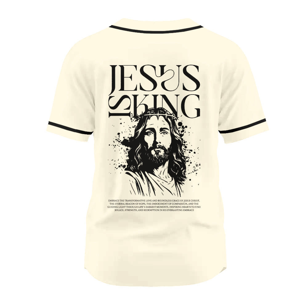 Christianartworkshop Sketch-Style Graphic Jesus Is King Statement Unisex Baseball Jersey - image 10