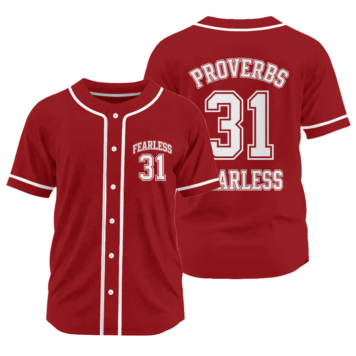 Christianartworkshop Retro Athletic Proverbs 31 Fearless Graphic Unisex Baseball Jersey - Red - 3XL - image 8