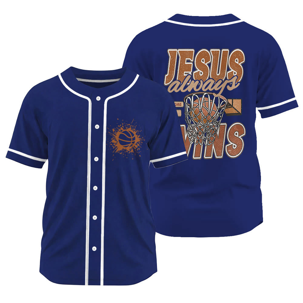 Christianartworkshop Retro Athletic Jesus Always Wins Basketball Themed Unisex Baseball Jersey - Navy Blue - 3XL - image 17